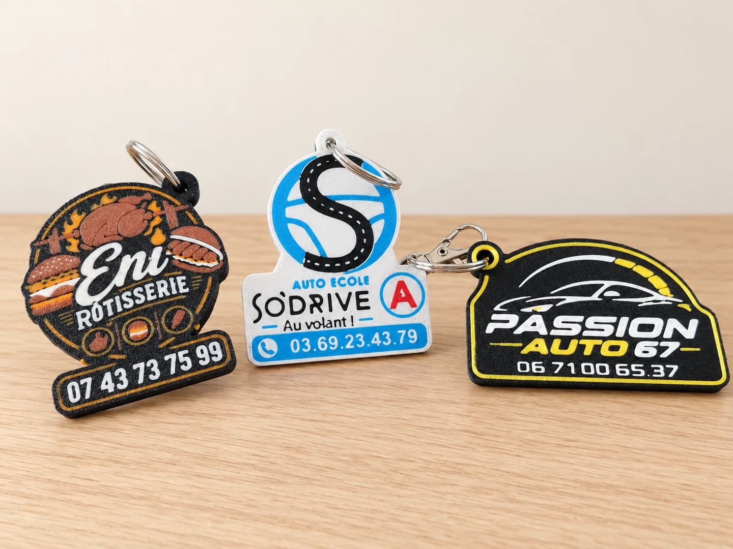Porte-clés aux couleurs de SoDrive, Passion Auto et Eni Rôtisserie